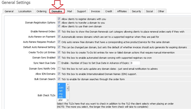 تنظیمات ثبت و تمدید دامنه در WHMCS