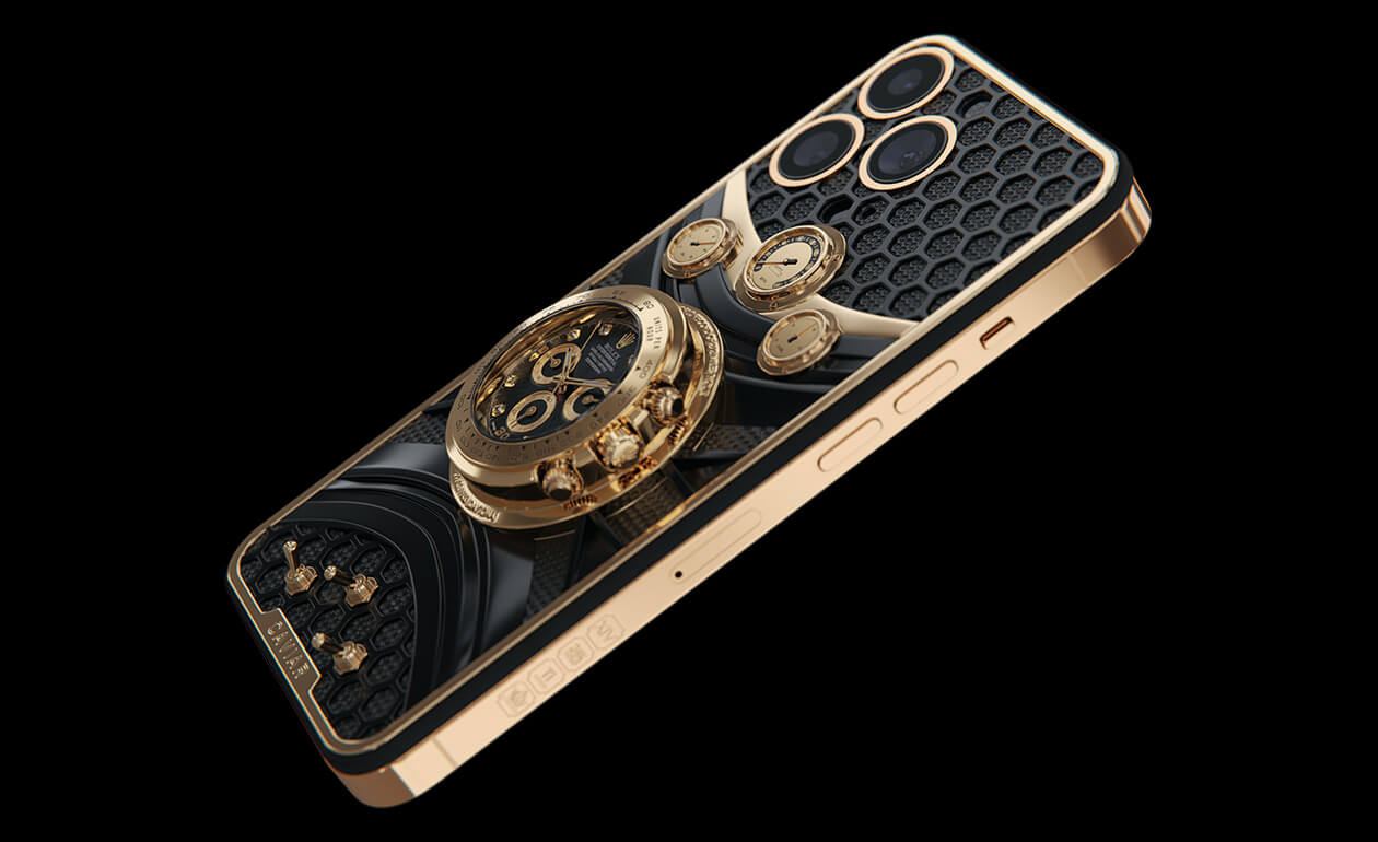 نسخه خاویار آیفون ۱۴ پرو با بدنه طلا و ساعت رولکس