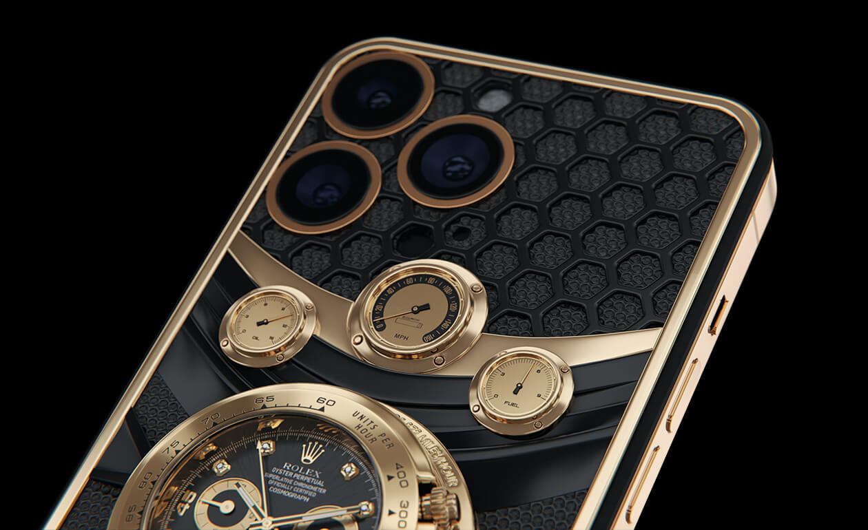 نسخه خاویار آیفون ۱۴ پرو با بدنه طلا و ساعت رولکس